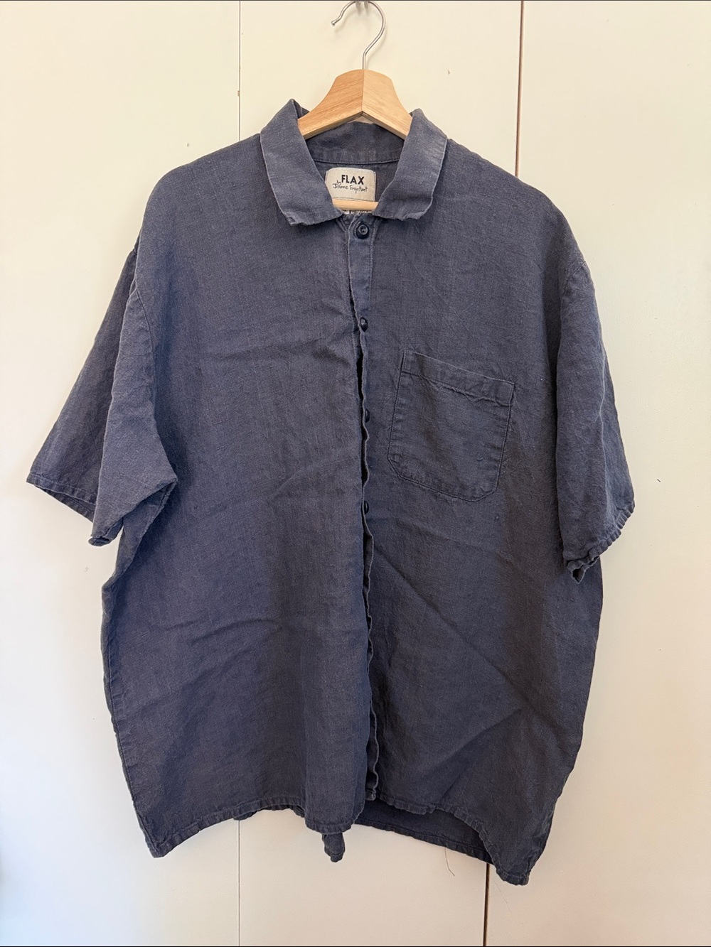 Flax Washed Navy Short-Sleeve Linen Button-Up Shirt L Casual Coastal Oversized
